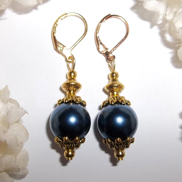 Handmade Jewelry - Gold and Navy Blue Pearl Earrings Drop Dangle Costume Jewelry Gift Woman D411
